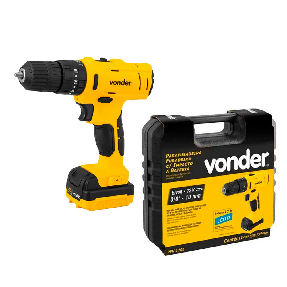 Parafusadeira e Furadeira de Impacto a Bateria com Maleta e Kit de Brocas e Bits 17 Peças